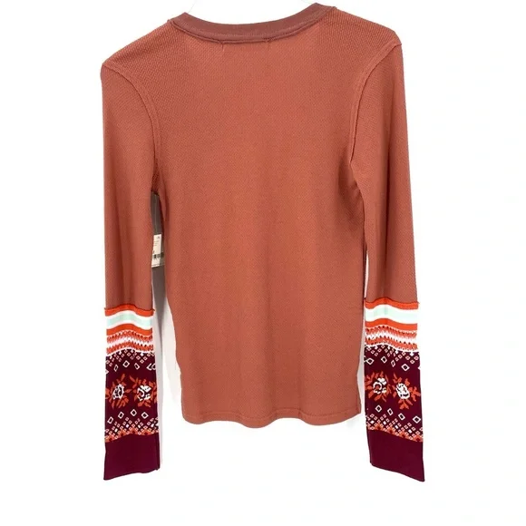 Free People Mikah Notch Neck Boho Long Sleeve Thermal Autumn Orange Printed Cuff - Picture 6 of 9